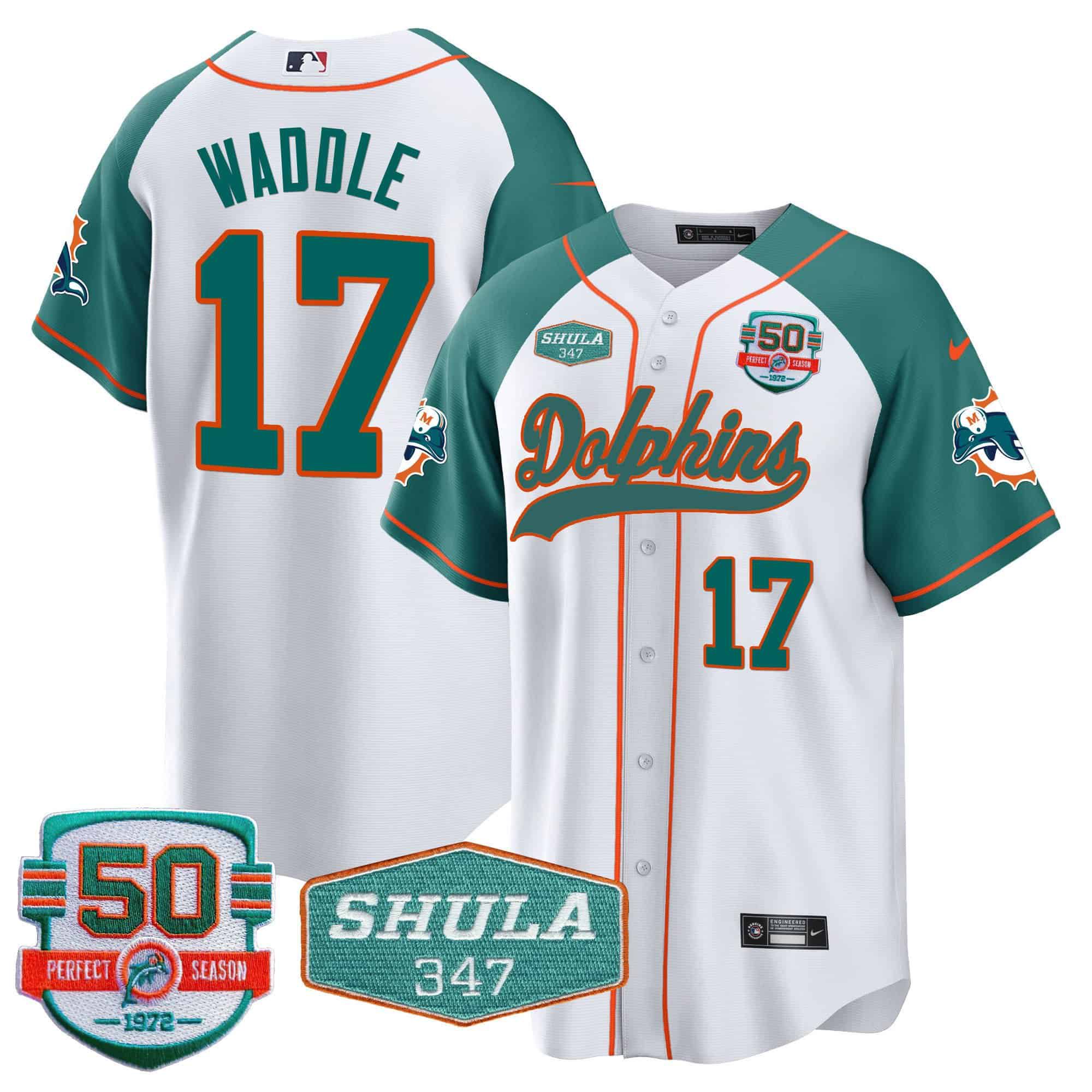 Men Miami Dolphins 17 Waddle White 2024 Nike 50th Don Shula Memorial Patch Baseball NFL Jersey style 1